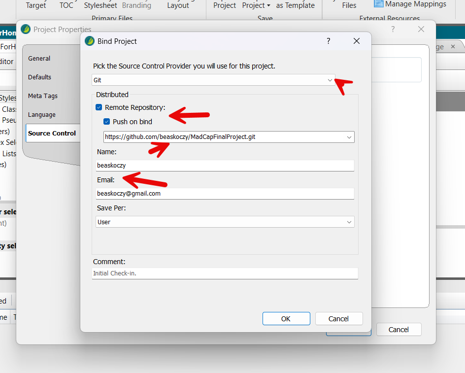 Dialog window for binding MadCap Flare project